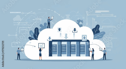 Digital cloud computing network with data servers and people interacting with technology