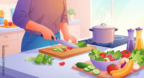 Healthy meal preparation A person chopping fresh vegetables in the kitchen for a vibrant salad