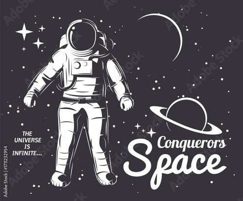 Stylized Astronaut in Space Suit with Stars Moon and Planet Illustration.