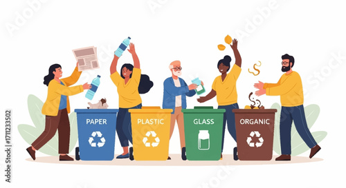 Diverse group of people actively engaging in waste separation and recycling into distinct bins, promoting environmental responsibility and sustainable living practices for a cleaner planet