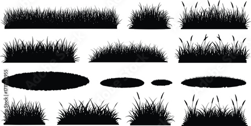 Black grass silhouette collection, isolated grassy clumps, natural lawn elements, meadow plants, decorative turf design, vector illustration, landscaping, environment art