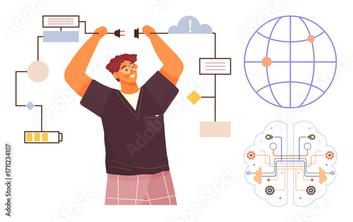 Person connecting circuit with plugs, surrounded by a global network, AI brain diagram, and battery visuals. Ideal for innovation, teamwork, tech integration, problem-solving, modern systems energy