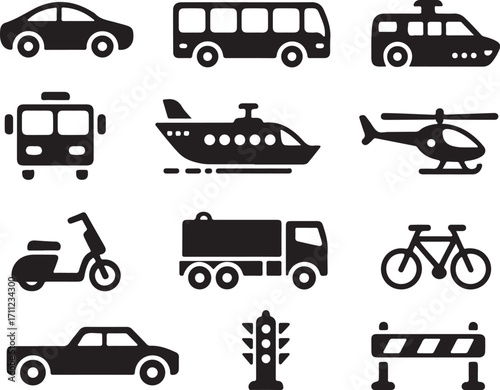 Diverse vehicles and traffic icons for transport concepts
