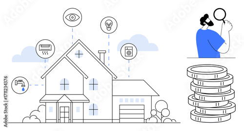 House with connected smart devices and a person analyzing coins. Ideal for home automation, energy efficiency, cost management, IoT, sustainability, innovation, and smart living. Simple flat metaphor