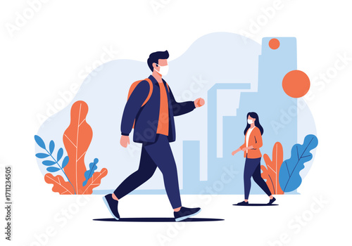 People wearing face masks walking outdoors in a city.