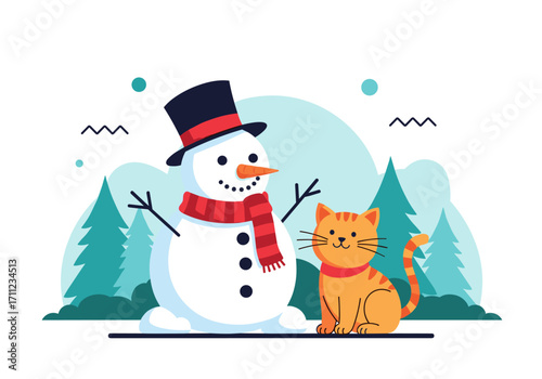 A festive snowman and a cute ginger cat enjoying a winter wonderland.