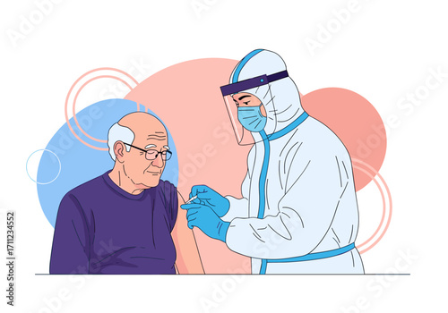 Elderly man receives a vaccination from a healthcare worker in protective gear.