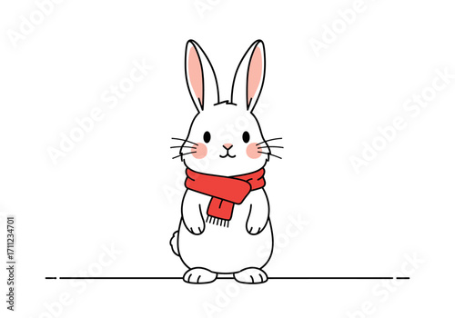 A cute white bunny wearing a red scarf stands on a line with a white background.