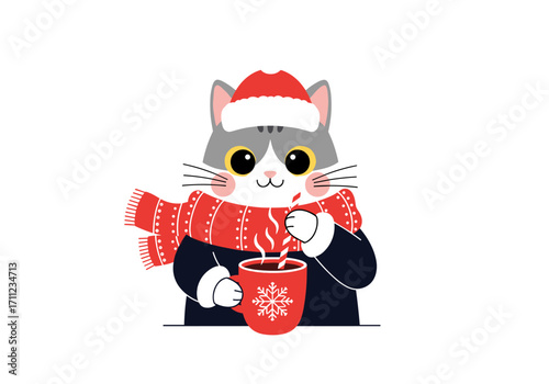 A cute cat wearing a Santa hat and scarf enjoys a warm drink on a cold day.