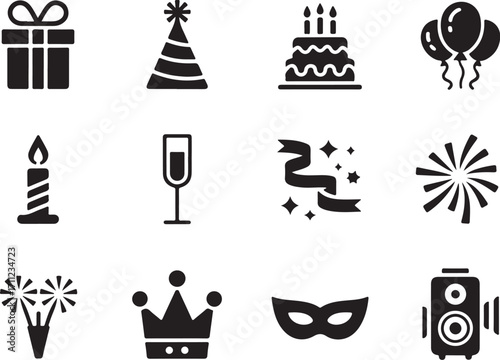 Celebrate with party icons, gifts, cake, balloons, and fun