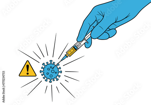 Medical professional wearing blue glove injecting vaccine into virus.
