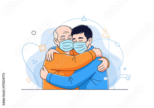 Two men wearing face masks embracing each other with care during the pandemic.