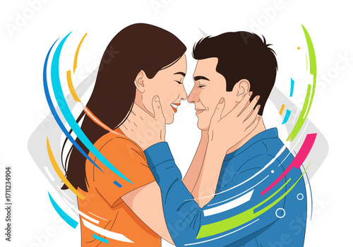 A couple in love sharing an intimate moment with colorful abstract shapes behind them.