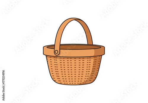 A simple woven basket with a handle is pictured against a white background.