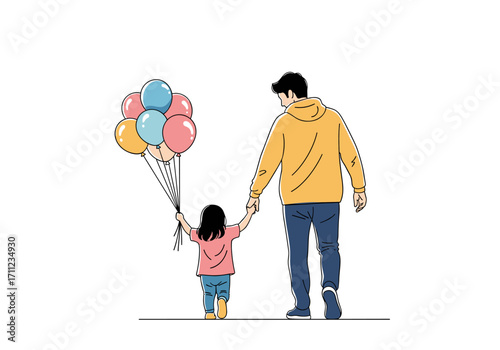 A father and his daughter holding hands and walking together with a bunch of colorful balloons.