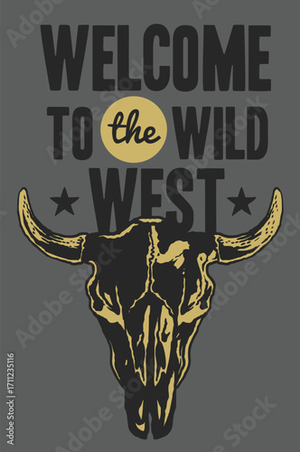 Stylized Black and Gold Bull Skull with Curved Horns Western Theme.
