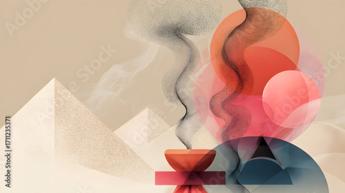 Stylized Bowl with Smoke and Geometric Shapes.