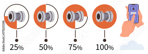 Sequence of pipe welding progress levels from 25 to 100. User hand with smartphone visualizing stages. Ideal for technology, automation, manufacturing, progress tracking, welding, engineering