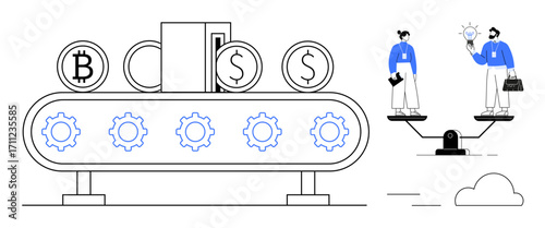 Conveyor belt processing cryptocurrency and dollar coins alongside professionals sharing ideas on a balance scale. Ideal for finance, teamwork, innovation, technology, business dynamics, digital