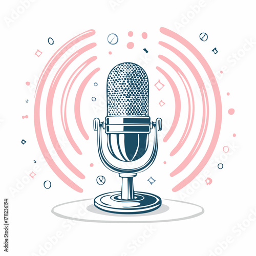Radio advertising. Broadcasting station. Mass media marketing. Podcast content, marketing podcasts production, your content strategy concept. Pinkish coral bluevector isolated illustration