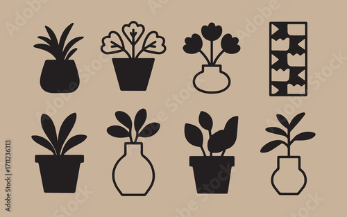 Collection of silhouette houseplants in pots and vases