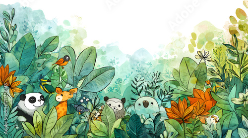 Cute cartoon animals in a lush jungle setting.