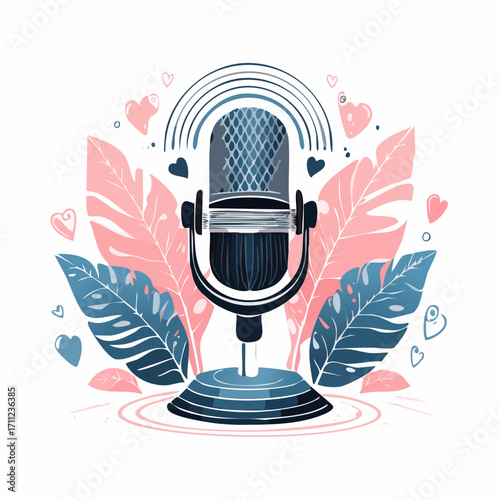 Radio advertising. Broadcasting station. Mass media marketing. Podcast content, marketing podcasts production, your content strategy concept. Pinkish coral bluevector isolated illustration