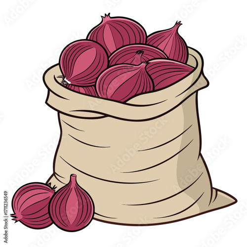 Sack is full of red onions along with loose ones on transparent backdrop