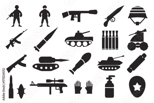 Collection of military equipment and soldier icons