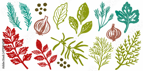 Hand drawn botanical elements of herbs spices and vegetables in a rustic style