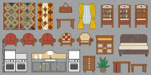 Collection of hand drawn furniture and home decor items in a flat design style