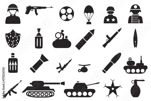 Set of military equipment and soldier icons