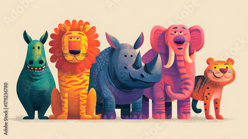 Cartoon Animals: Hippo Lion Rhino Elephant and Tiger Illustration.