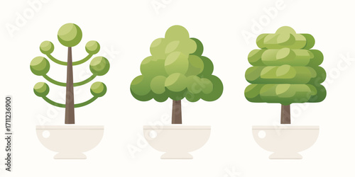 Three stylized green trees in white pots on a white background vector illustration