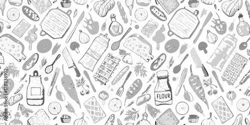 Whimsical hand drawn sketch pattern of food and kitchen utensils in black and white