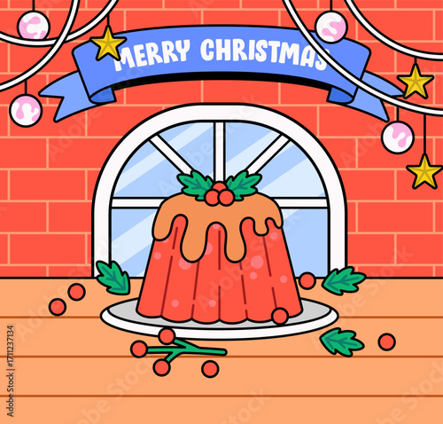 Festive Christmas pudding topped with icing, holly leaves, and berries placed on a plate. in a room and with banner with Merry Christmas decorated lights, stars, and ornaments vector illustration
