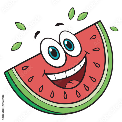 Animated watermelon slice cheerfully smiles with bright blue eyes and joyful leaves afloat against white