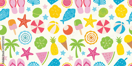 Vibrant summer pattern featuring beach icons and tropical elements on a white background