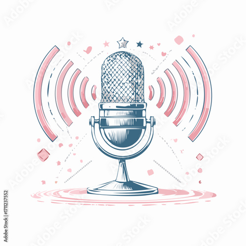 Radio advertising. Broadcasting station. Mass media marketing. Podcast content, marketing podcasts production, your content strategy concept. Pinkish coral bluevector isolated illustration