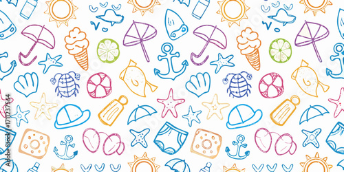 Whimsical hand drawn summer beach vacation icons seamless pattern background