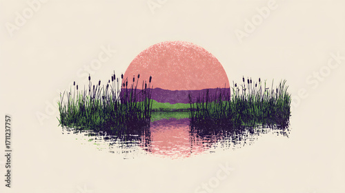 Peaceful sunset over a tranquil lake with reflections.