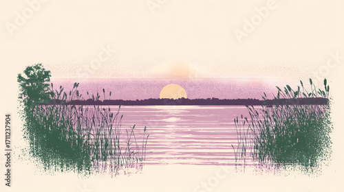 Sunset Over Lake with Reeds and Reflections.