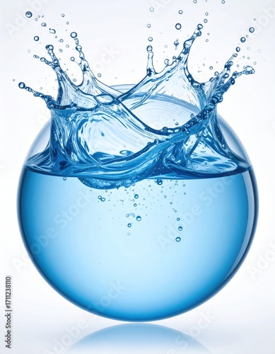 Water crown erupts from a sphere filled with blue liquid, highlighted against a crisp white backdrop, creating an eye-catching visual effect