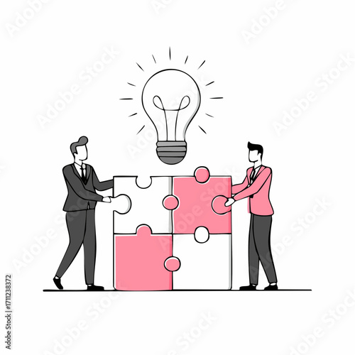 Business people joining puzzle pieces and huge briefcase with bulb. Business meeting and partnership, make a deal concept on white background. Coral pink palette vector isolated illustration.