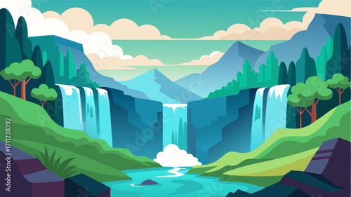Cascading waterfalls tumble down the sides of a steep river valley creating a magical and lush oasis below.