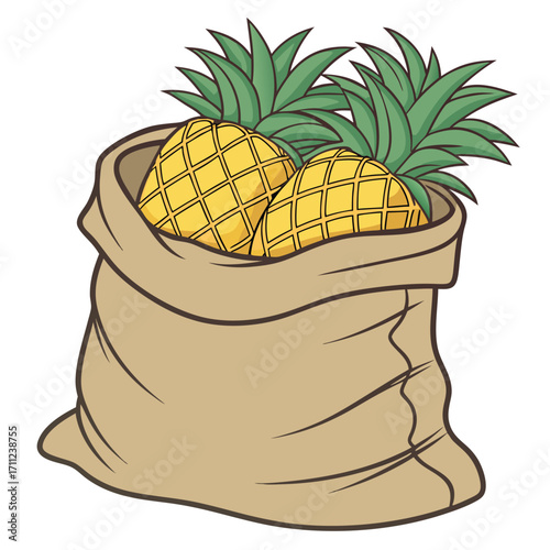 Two cartoon pineapples with green leaves are sitting inside a light brown burlap bag