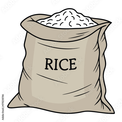 Burlap bag brimming with fresh rice, marked clearly with the word rice on transparent backdrop