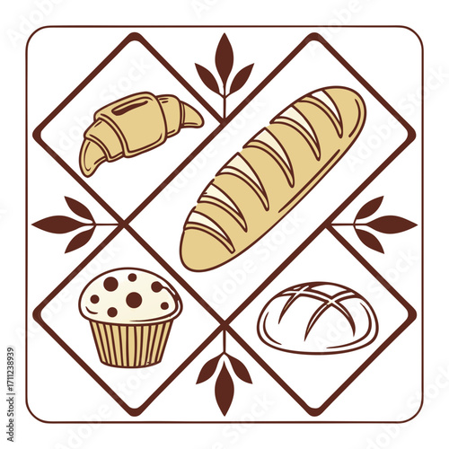 Hand-Drawn Vector Illustration of Bakery Goods in a Decorative Frame

