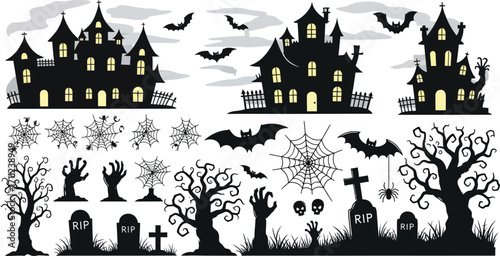 Spooky Halloween icons featuring haunted houses, bats, spiders, graves, and zombie hands for festive designs