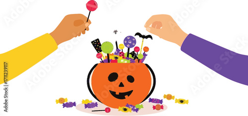 Joyful Halloween candy sharing moment with a festive pumpkin bucket overflowing with treats